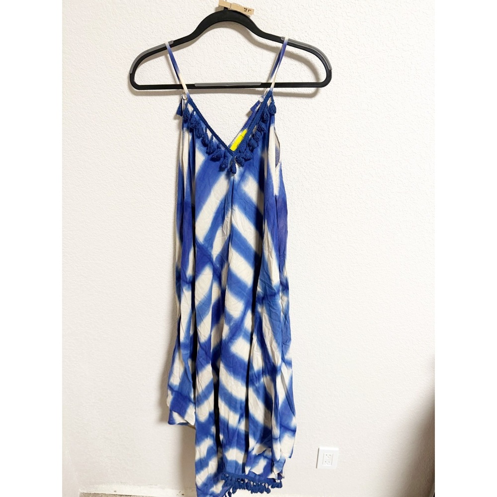 Roller Rabbit Tie Dye Tassel Cover Up Dress Sleeveless Blue White One Size‎
